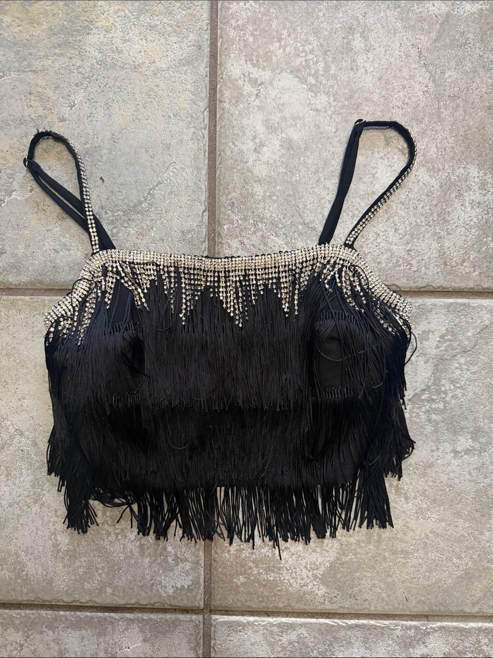 Hera Collection Black Fringe Camisole with Rhinestone Trim